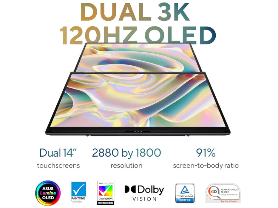 ASUS Zenbook Duo Dual OLED Laptop, Intel Ultra 9 185H, 32GB, 1TB SSD, Dual 14 Inch OLED WQXGA+ 120Hz, Windows 11, Inkwell Gray | UX8406MA-PS99T